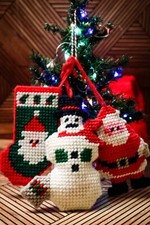 3 Vtg Handmade Plastic Canvas Yarn Needlepoint Christmas Tree Ornaments