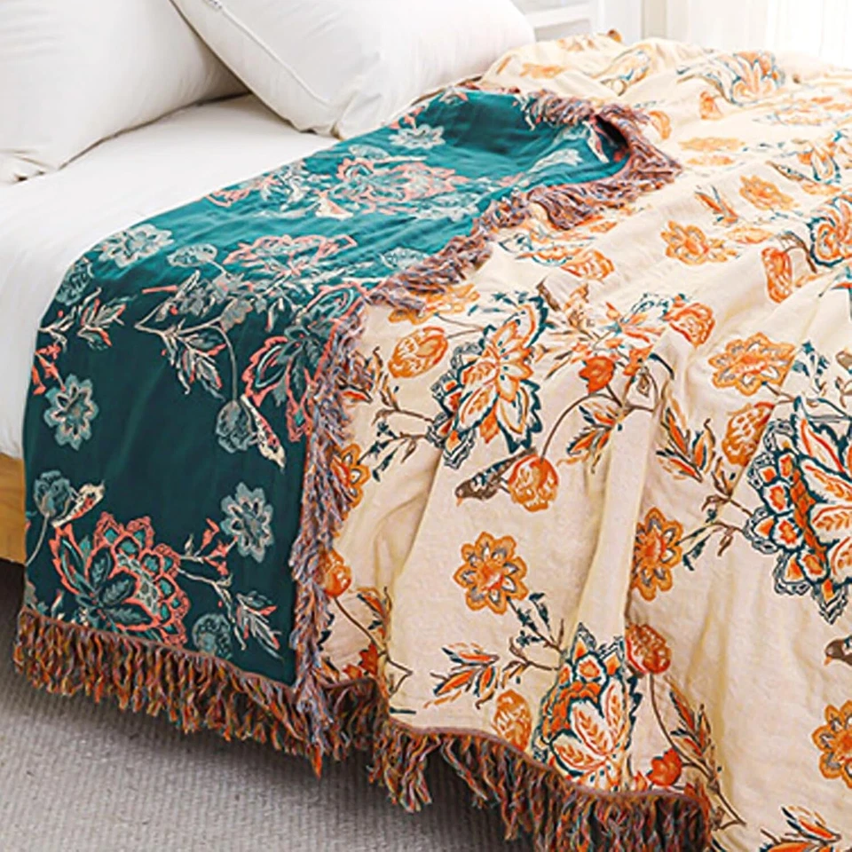 NEW Anthropologie Boho Floral Orange Teal Throw Blanket Bedspread Quilt 80 x 90 - Image 2 of 4