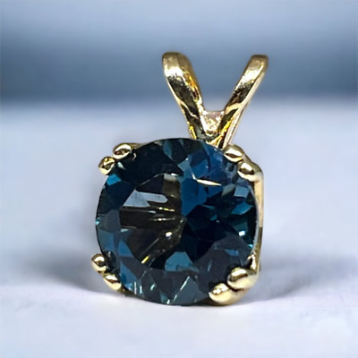 RND Natural London Blue Topaz Gemstone set in DBL Prong 14K Yellow Gold Pendant