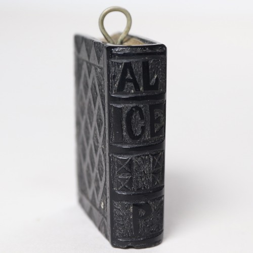 An Antique Irish Bog Oak Holy Bible Pendant, Named Alice P, Dated 1877. - Picture 7 of 9