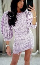 GORGEOUS ZARA GINGHAM CHECK HITCHED RUCHED DRESS PUFF SLEEVE MAUVE STEAMPUNK XL