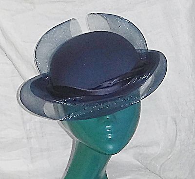 *COOLE EDLE VINTAGE C&A DAMEN BOWLER HUT MARINE BLAU NETZ SCHLEIFE SMART CHIC