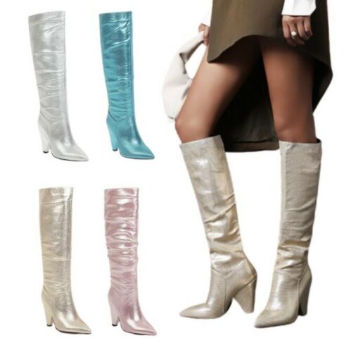 New Fashion Women's Cone Heel Pointy Toe Slouchy Knee High Knight Boots Party D - Afbeelding 1 van 17