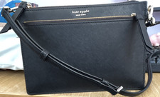 Kate Spade NY Black Saffiano Leather Crossbody Bag Gold Zip Strap - immaculate