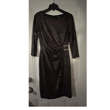 Tahari Arthur S. Levine Black/Gold Wavy Sheath Dress 3/4 Sleeve Size 4