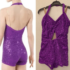 WEISSMAN Elite Dance Costume purple Sequin Biketard With Cutout SQ10249 LC