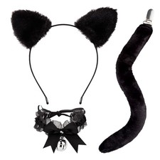 Cat Ears Headband with Tail and Bell Collar Set Black Cat Costumes for Adults