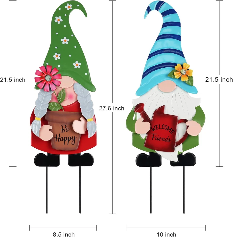 Decoración de jardín para exterior, juego de 2 gnomos de metal 27,6” estacas de jardín decorativas con Foto 4 de 4
