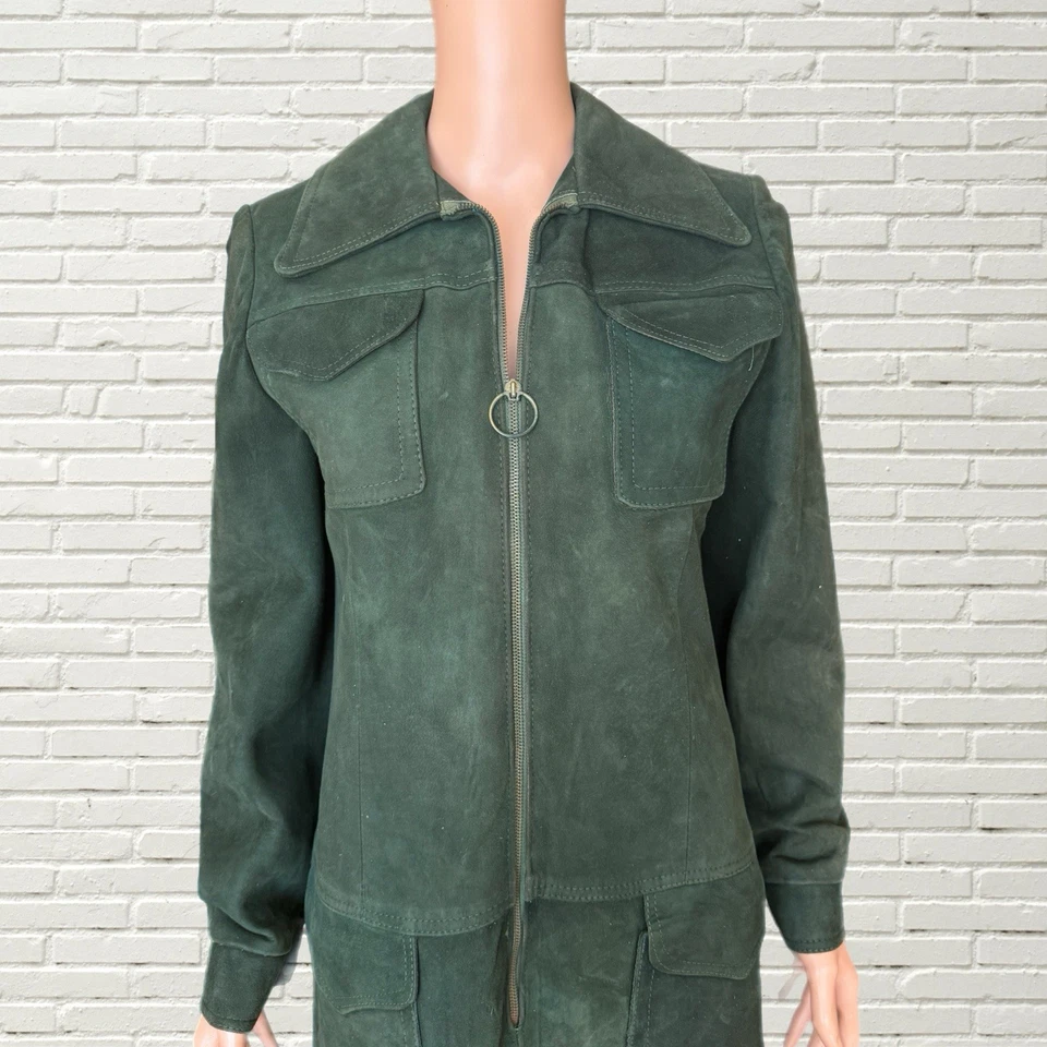 Vintage 70s Green Suede Midi Dress - Long Sleeve O Ring Zip Hippie - Image 2 of 4