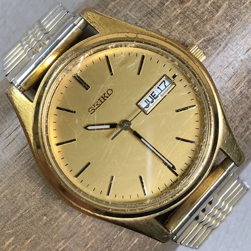 Vintage Seiko Men 7N43-9048 Formal Gold Expansion Quartz Analog 37mm Watch 7"