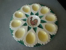 VINTAGE ROOSTER YELLOW GREEN 10 COMPARTMENT DEVILED EGG DISH JAPAN 9.25" EUC