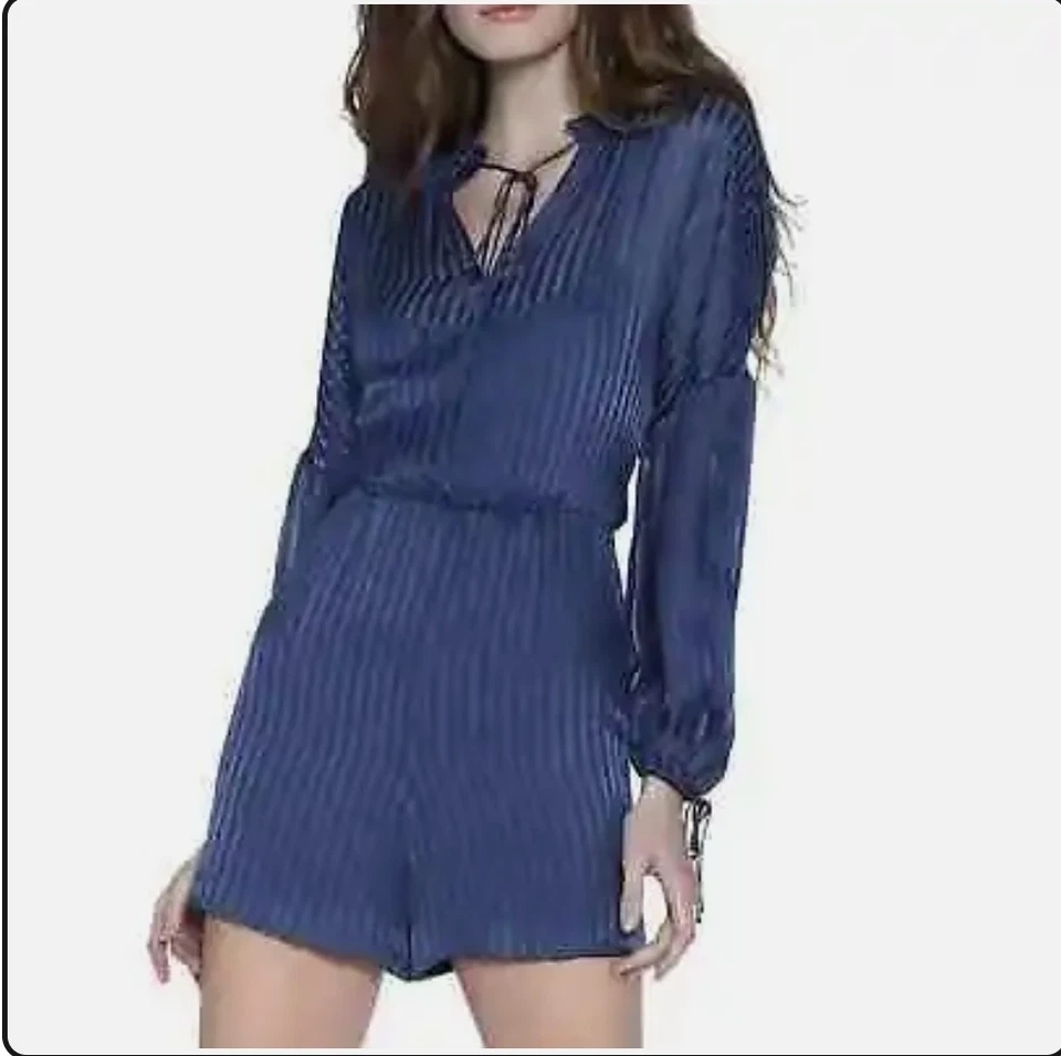 Traje de Juego Alice + Olivia Callan Azul 100% Seda Blusa Manga Mameluco Talla 0 Foto 3 de 4