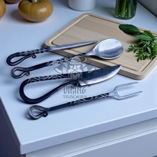 Hand Forged Medieval Half Polish Cutlery Set Knife , Spoon , Fork , Food  Stick