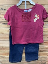 Vintage Winnie the Pooh Burgundy Shirt with Ruffle  Embroidered Jeans Set 3T