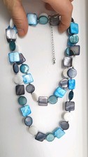 Superb Mother Of Pearl Long Costume  Necklace Blue Summer Hues Pergect Condition