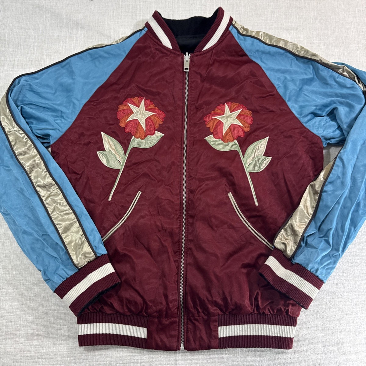 Diesel Reversible Bomber Jacket Mens M Floral Embroidered Satin