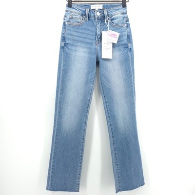 Risen Women Jeans Tummy Control 0/24 Medium Wash Raw Hem Straight Leg - NWT