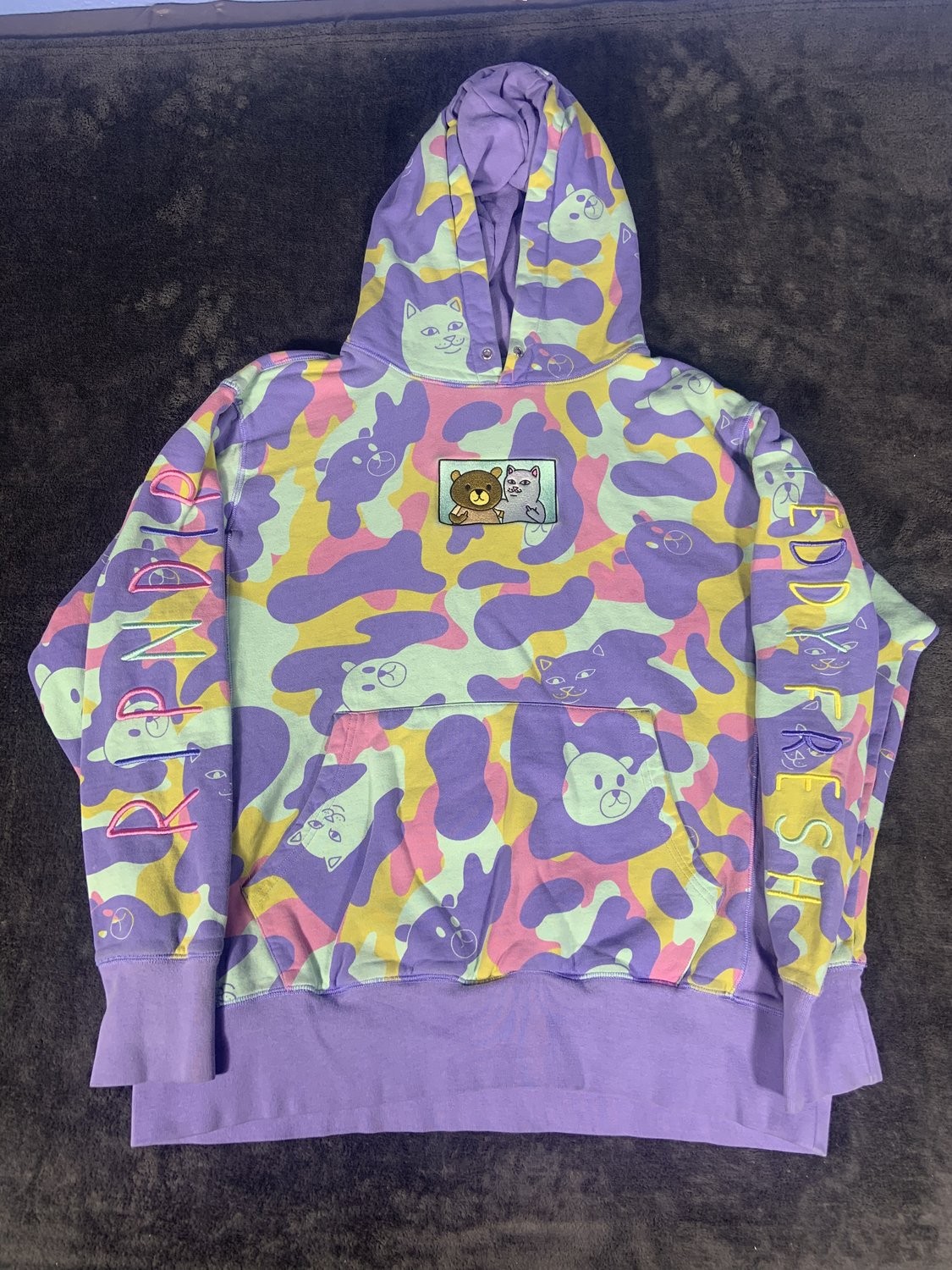 Teddy Fresh x Ripndip Camo Pullover Hoodie Men Size M Lord Nermal Embroidered