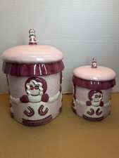 Rare, VINTAGE Set Of 2 Ceramic Lidded Jars Embossed Women Design Figure Handle