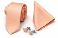 Plain Satin Skinny Men Tie and Handkerchief and Cufflinks 3pcs Set Wedding