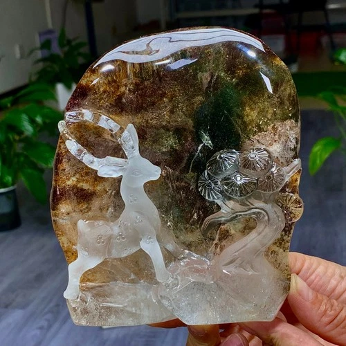 2.58LB Natural Green Ghost Crystal Quartz Crystal  Hand carved deer Specimen