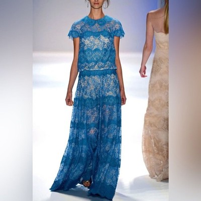 Tadashi Shoji Blue Lace Maxi Dress Size 16 Elegant Formal Evening Gown