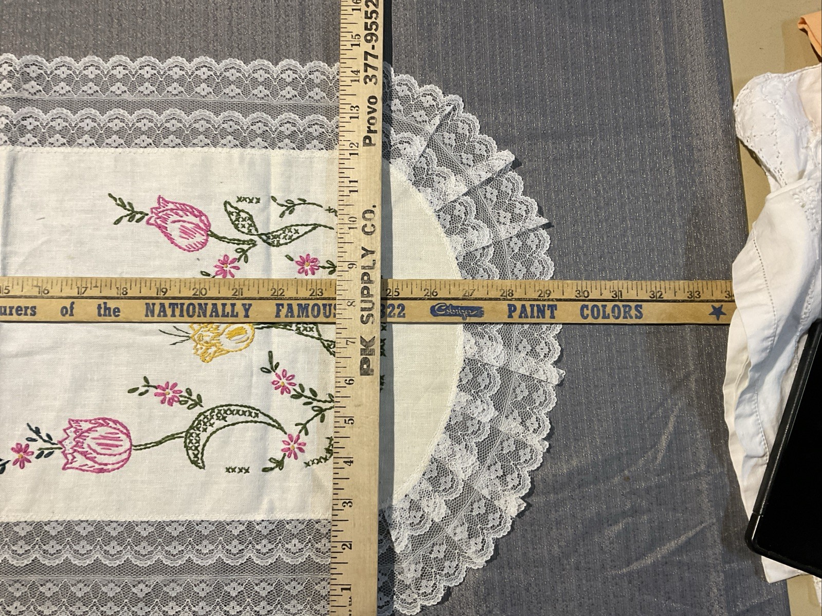 Vintage table runner or dresser scarf cross-stitched Hand Embroidered Lacey