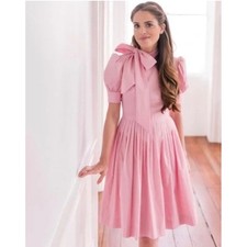 Gal Meets Glam Pink Cotton Bow Neck Puff Sleeve Pleated Midi Dress Size 16