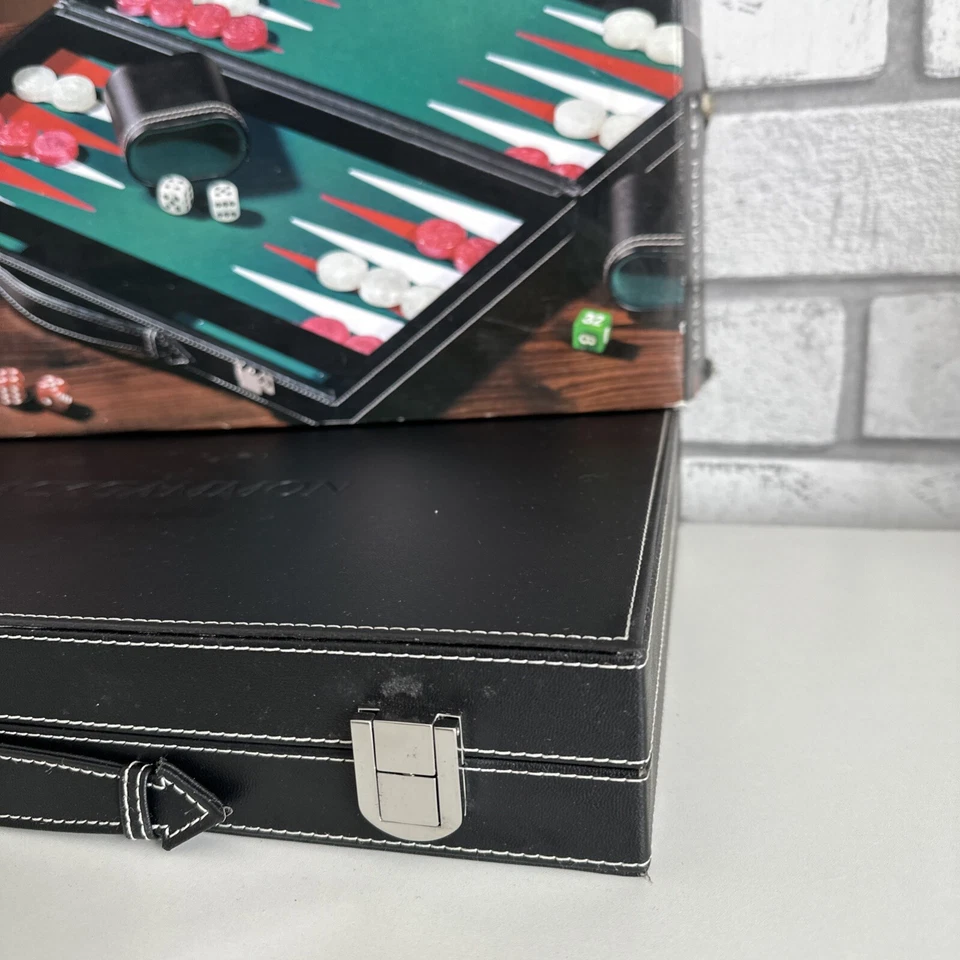 BACKGAMMON SET LEATHER TRAVEL MALACHITE GREEN INLAID VELVET CASE GAME SET 18" - Image 3 of 4