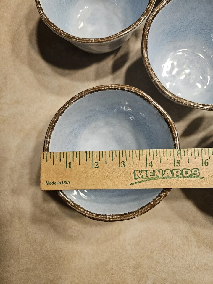 Cantidad 6 cuencos de sopa circulares marca "ETIQUETA" azul/blanco nublado marrón melamina 5 1/4" de diámetro Foto 2 de 4