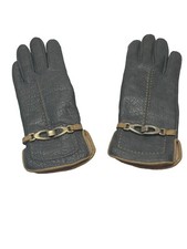 Vintage Aris Gloves Sherpa Lining With Metal Hardware Gray With Brown Stitching