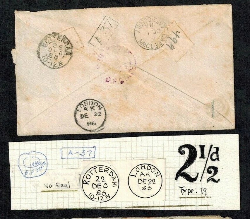 Cubierta naranja de cuotas de escenario libre noviembre de 1886 ORC a Rotterdam con rojo 2 1/2d Foto 2 de 2