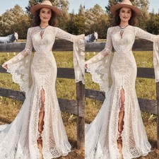 Bohemian Lace Appliques Wedding Dresses Long Sleeves High Neck Bridal Gowns