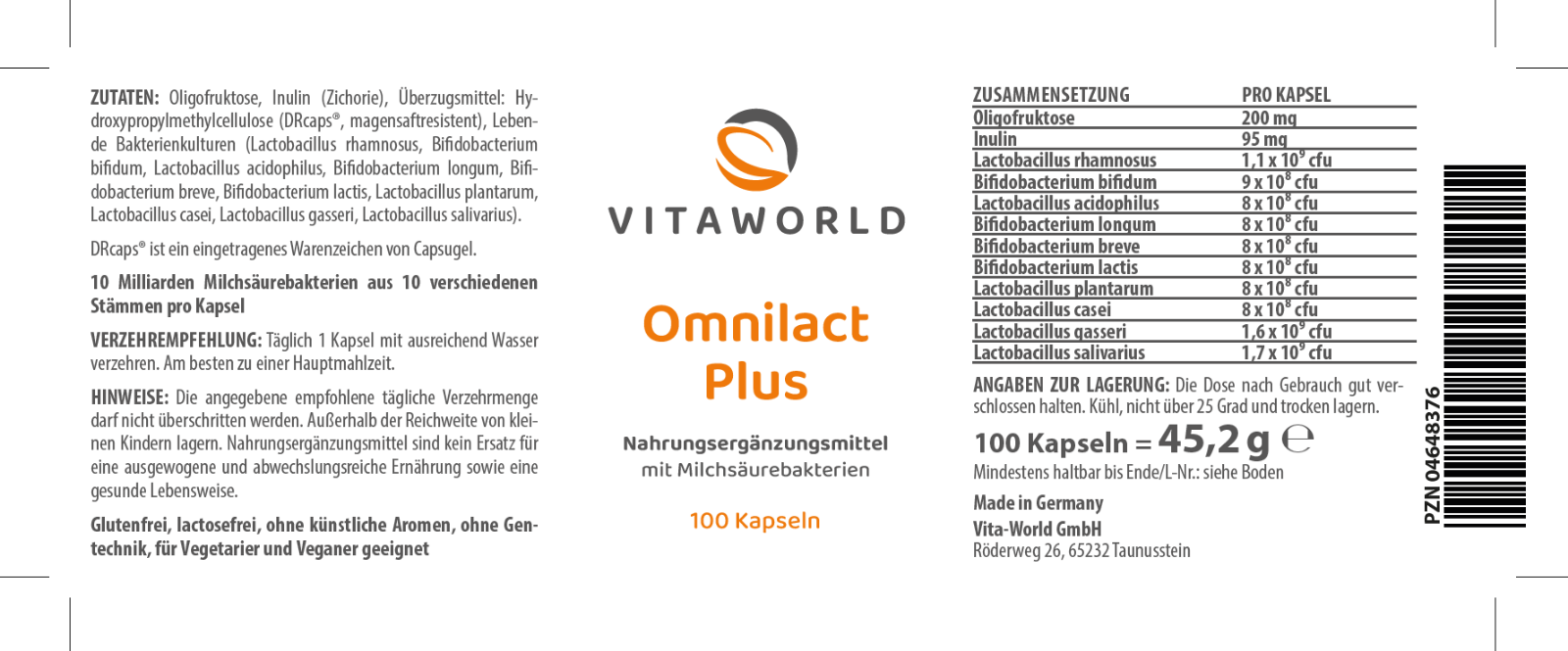 Omnilact Plus 100 Capsules - Probiotiques Lactobacillus - Vita World - Fabriqué En Allemagne