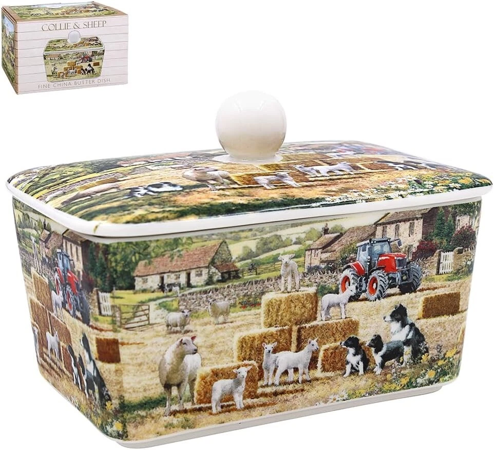 Ceramic Butter Dish Collie & Sheep MacNeil Tractor Farmyard Design & Lid Boxed