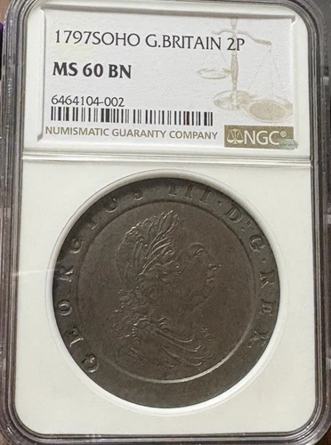 Rare 1797 SOHO Great Britain  2 Pence NGC MS 60 BN