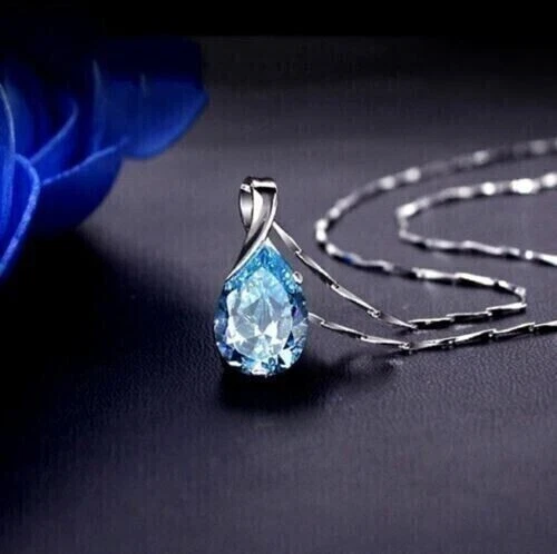 3Ct Pear Cut Aquamarine Simulated FancyPendant Free Chain 14k White Gold Plated image 5