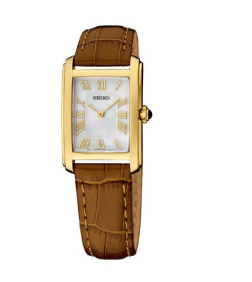 New Seiko SWR100 Essentials MOP Gold Tone Steel Rectangle Quartz Women's Watch