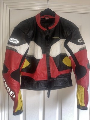 Shoei Vintage Leder Motorrad Jacke Gr. 50 Medium rot schwarz weiß Reißverschlüsse Pads