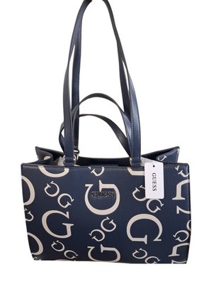 GUESS Blue Logo Print Tote Bag Double Handles Magnetic Closure Silver Hardware