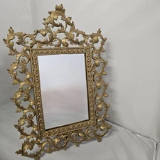 Vintage Ornate Gold Gilt Metal Tabletop Mirror Baroque Rococo Victorian Decor Fr