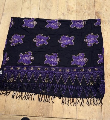 Bali Black Purple Gold Turtle Batik Fringed Pareo Sarong Wrap Skirt Beach Covers