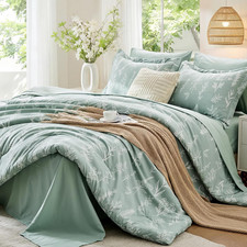 King Comforter Set 7 Pieces, Sage Green Elegant Floral Print Bed in a Bag King,