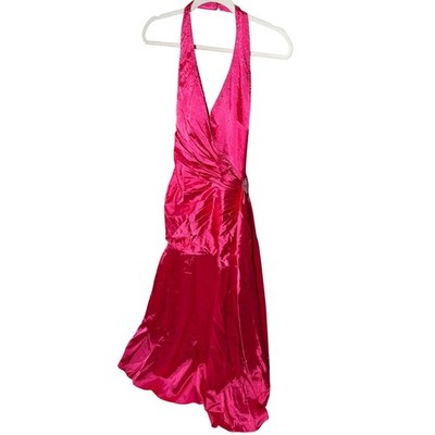 Poly USA Y2K Satin Gown | Hot Pink Beaded Halter | Prom Pageant Formal XS NWT