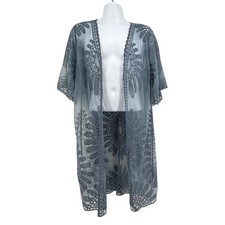 Rebellion Kimono Duster Sheer Lace Cover Up Women OS Blue Boho Festival Layering