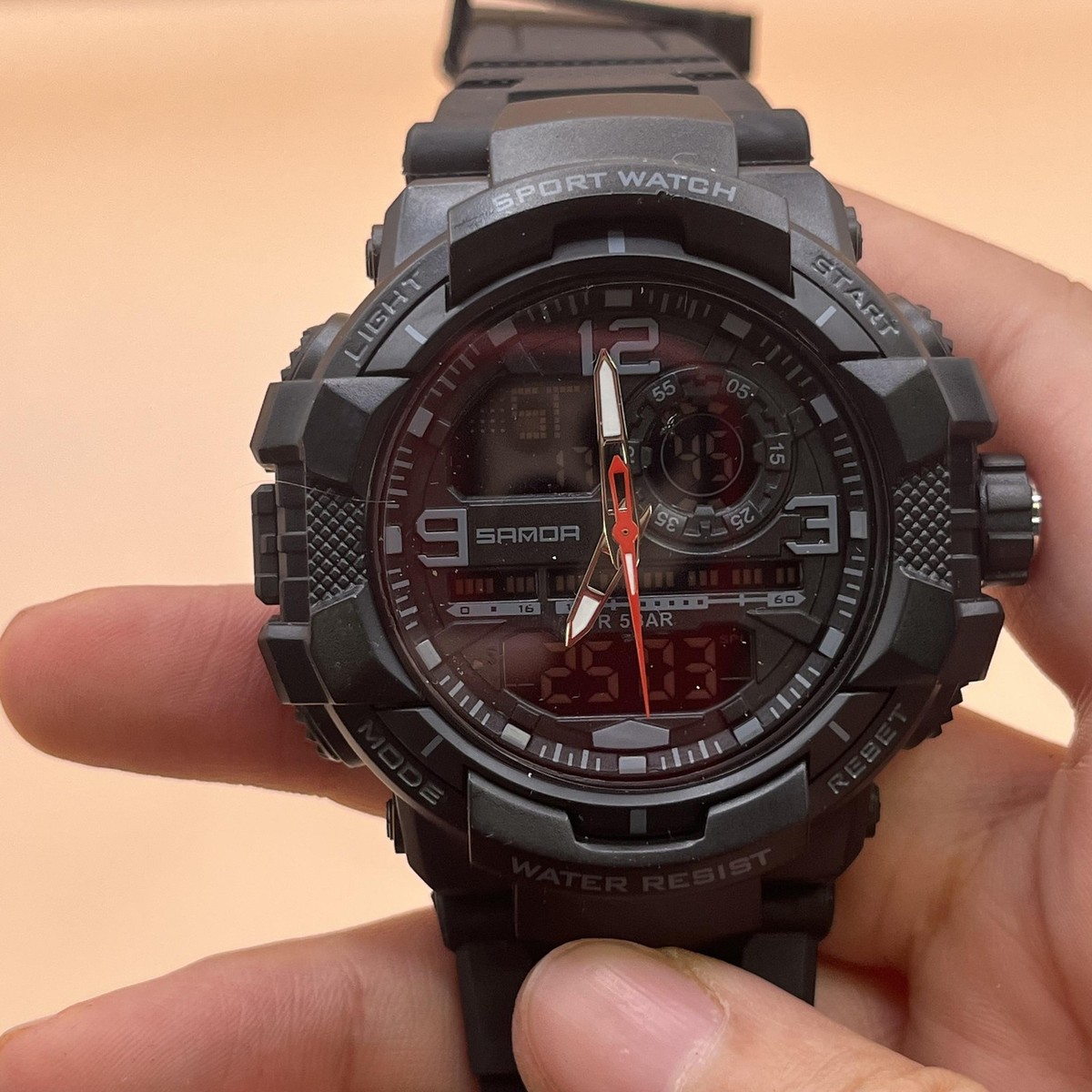 SAMDA 6130 Sport Watch Mens Black Analog Digital 5 ATM LED