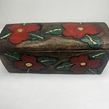 Vtg Wooden Hand Carved Wood Flower Trinket Box Hand Painted Lid Wood