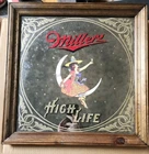 Vintage Miller High Life 1980s Girl on the Moon Witch Beer Mirror Bar Sign 19x19