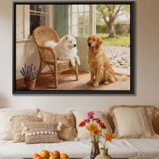Samoyed Dog Oil Painting Canvas Print Framed Art for Living Room Decor