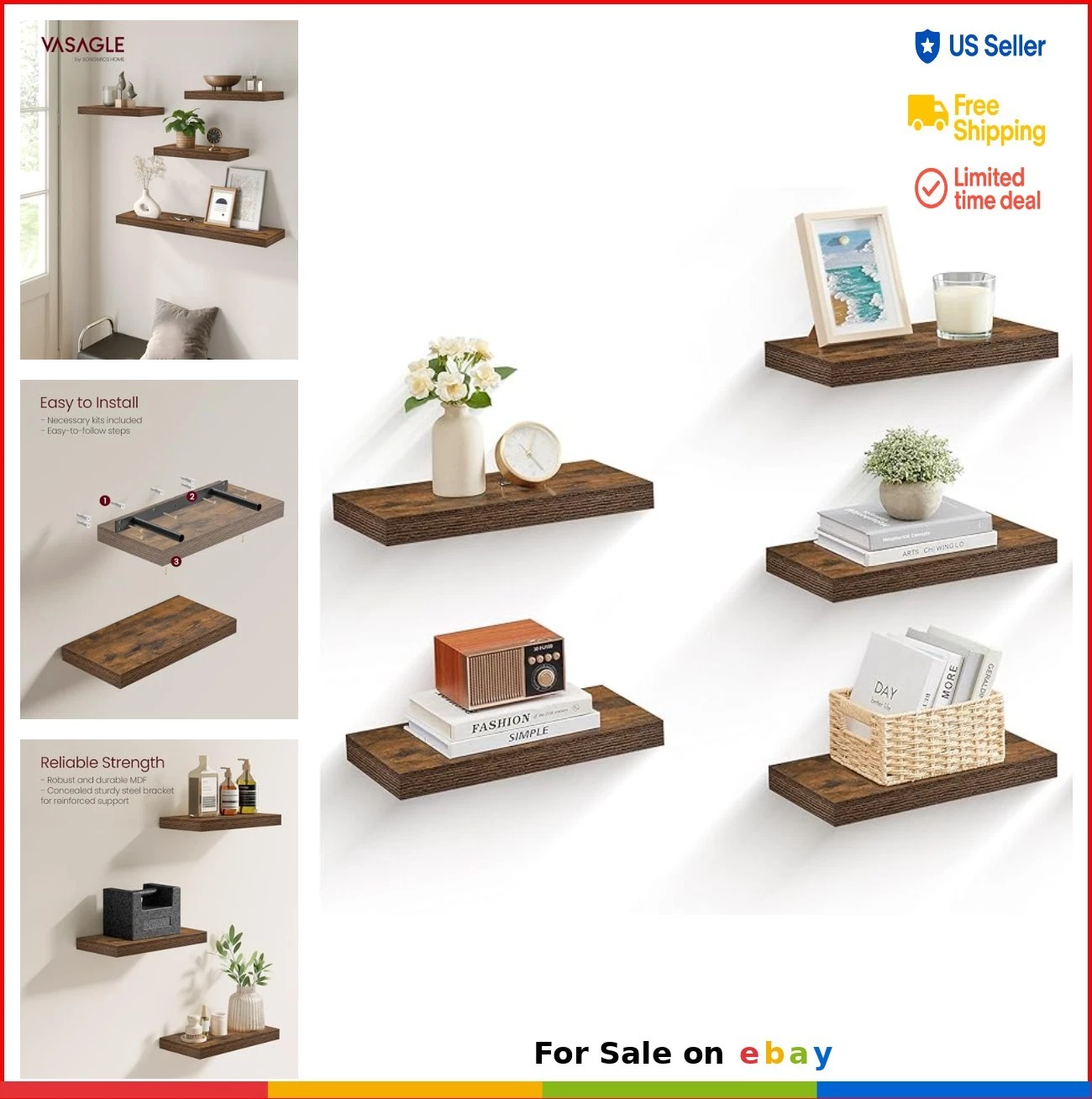 Floating Wall Shelves Set of 5 Rustic Brown 8x15.7x1.5 Inches MDF Steel Home